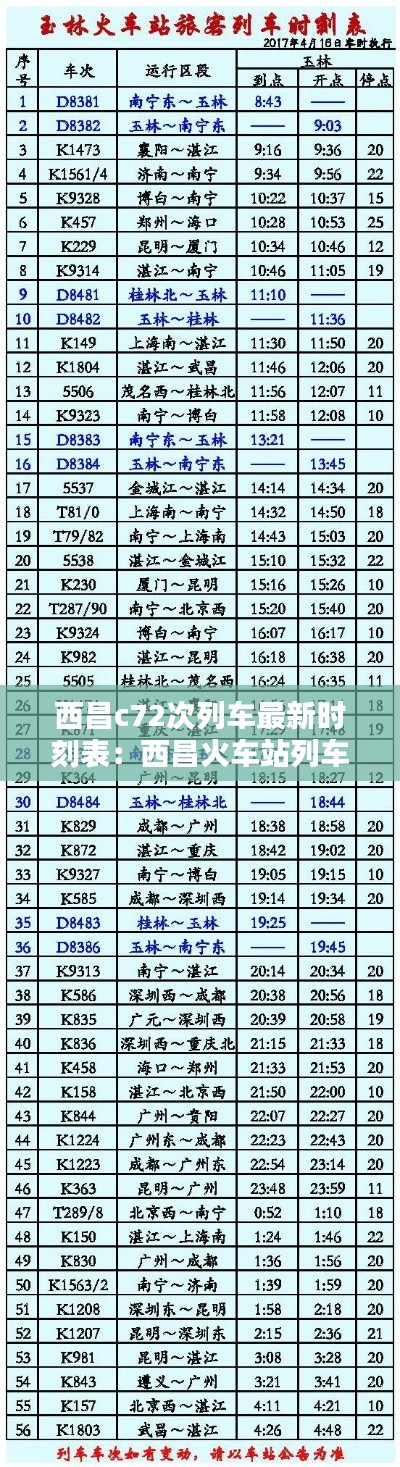 西昌c72次列車最新時(shí)刻表：西昌火車站列車時(shí)刻表 