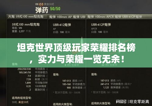 坦克世界頂級(jí)玩家榮耀排名榜，實(shí)力與榮耀一覽無余！